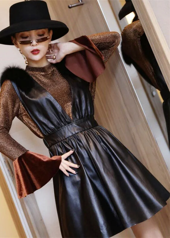 Sleeveless Dress With Asymmetric HemBoutique Black V Neck Fox collar Slim Fit Sheepskin Dress Sleeveless