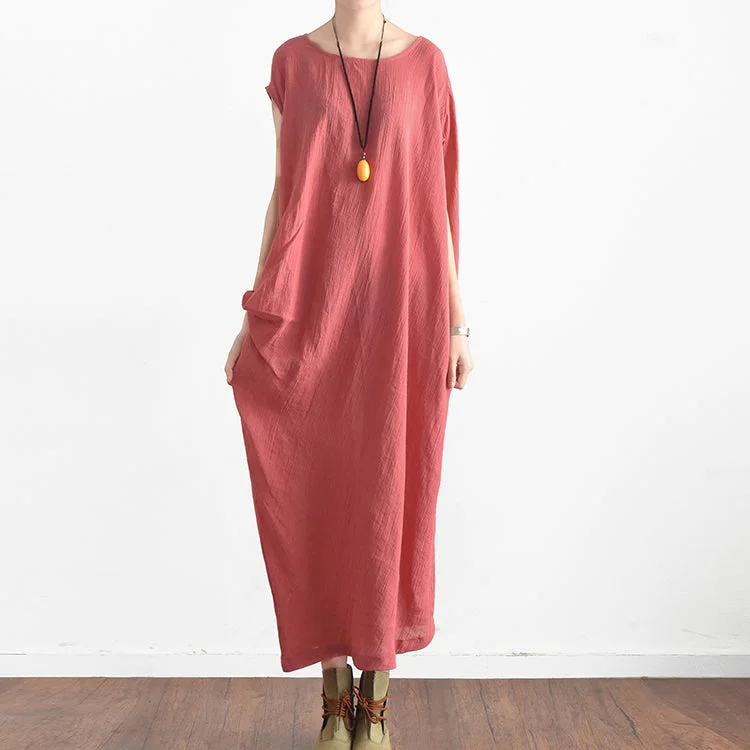 Sleeveless Dress For SummerRed summer linen dresses side draping caftans oversized sleeveless sundress