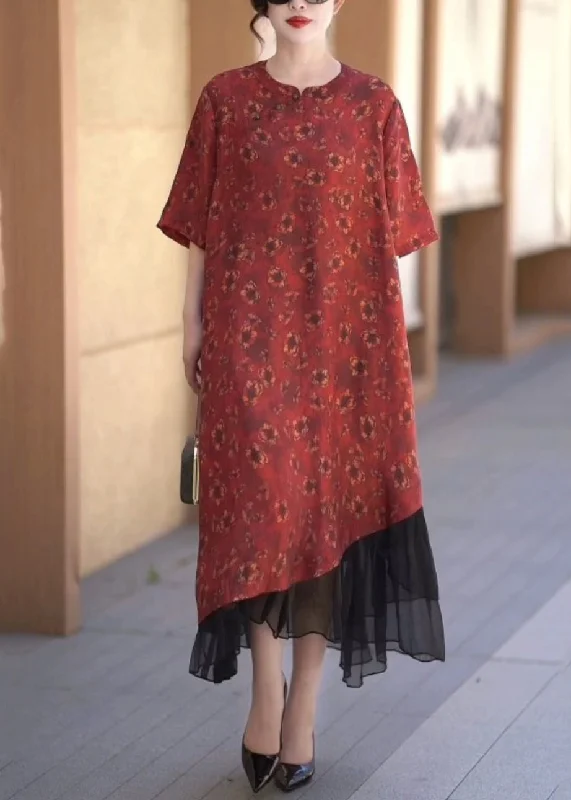 maxi dresses with sequined detailsHandmade Red O-Neck Asymmetrical Patchwork Silk Linen Long Dress Half Sleeve