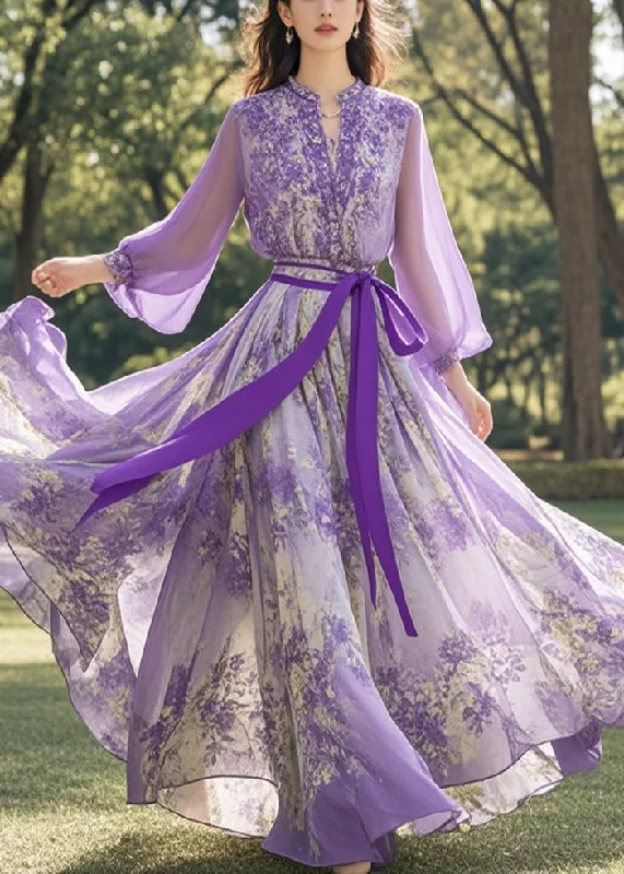 maxi dresses for active wear (with stretch fabric)Italian Purple Cinched Print Chiffon Long Dress Fall