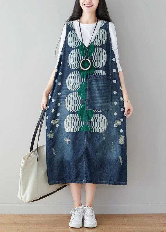 Sleeveless Dress In GeorgetteUnique Blue V Neck Pockets Print Hole Fall Denim Dresses Sleeveless