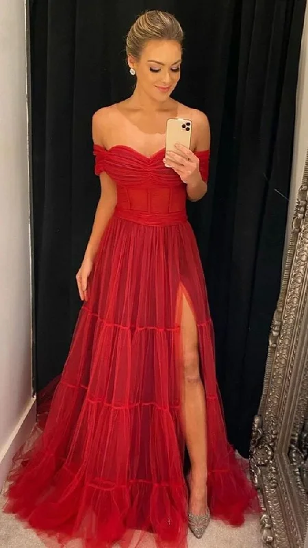 bodycon party dressesElegant Red Long Tulle Off The Shoulder Prom Dress Girl Party Dress Women Formal Gowns Y5443