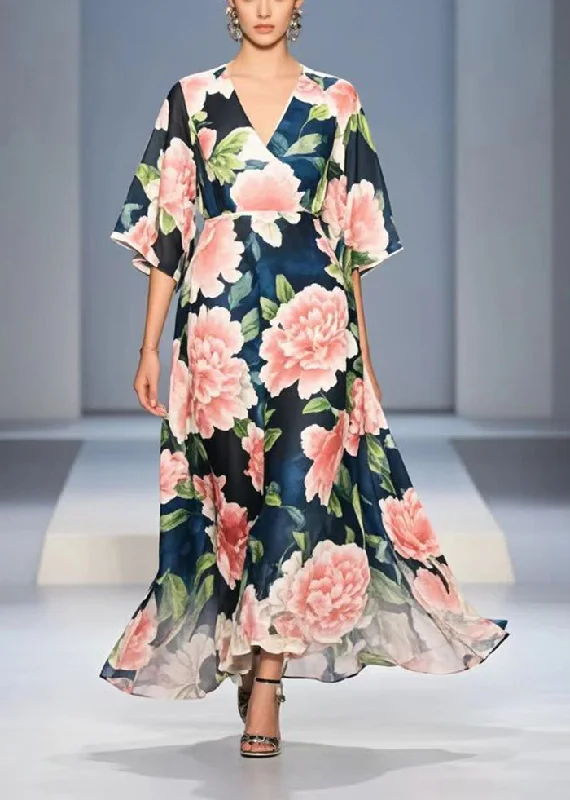 maxi dresses with short sleevesFashion Navy V Neck Floral Chiffon Long Dress Summer