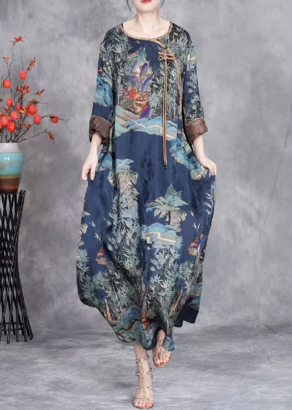 maxi dresses for yoga and meditationBlue Print Patchwork Silk Long Dresses O Neck Summer