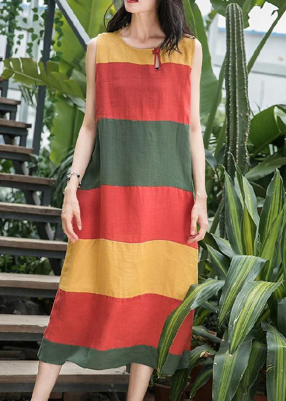 Sleeveless Dress In TulleArt o neck Sleeveless linen clothes For Women Inspiration red striped Dress summer