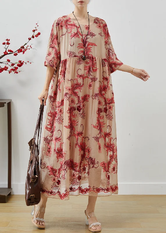 maxi dresses with keyhole backsFrench Apricot Oversized Embroidered Chiffon Long Dresses Summer