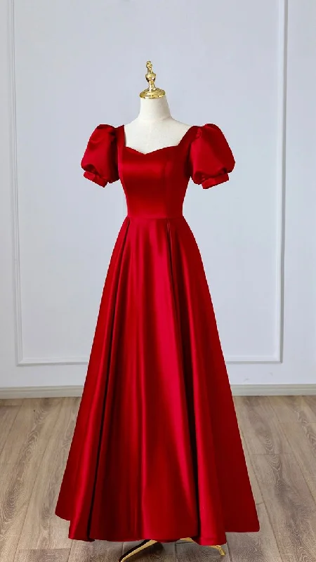 Halloween party dressesRed Satin Long Prom Dress, Simple A-Line Short Sleeve Evening Party Dress Y5504