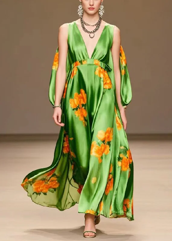 maxi dresses for pool partiesWomen Tea Green V Neck Print Silk Long Dresses Summer