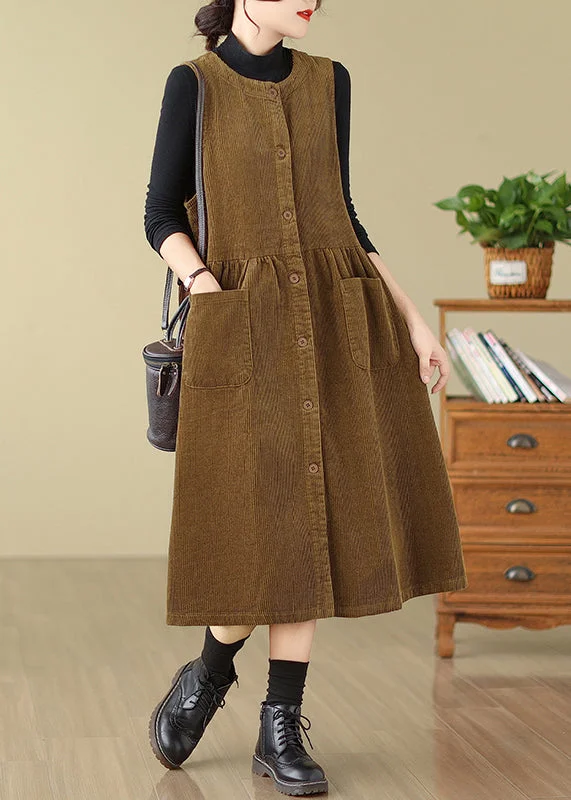 Sleeveless Dress Casual ChicNew Khaki Button Wrinkled Corduroy Waistcoat Dress Sleeveless