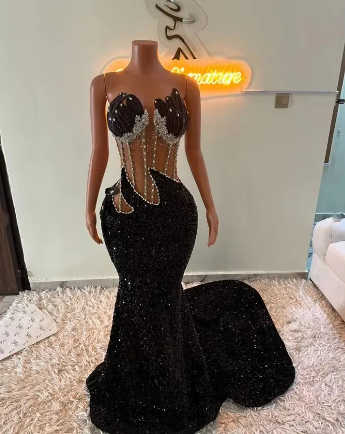 cotton party dressesBlack V Neck Long Prom Dresses 2025 Black Girls Beaded Crystal Customized Birthday Party Gowns Mermaid Evening Gowns