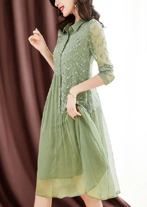 maxi dresses with beltsWomen Green Peter Pan Collar Embroideried Patchwork Wrinkled Silk Long Dresses Long Sleeve