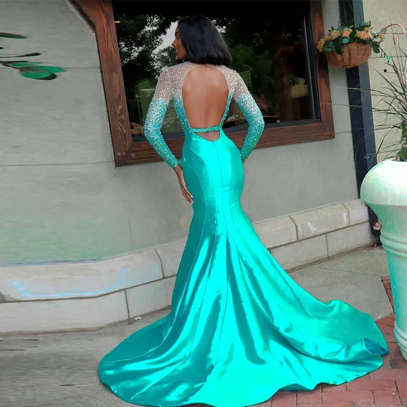 mini party dressesAfrica Turquoise Mermaid Prom Dresses Sexy Chest Hollow Backless Long Sleeves Evening Gown Crystal Beads Formal Party Dress