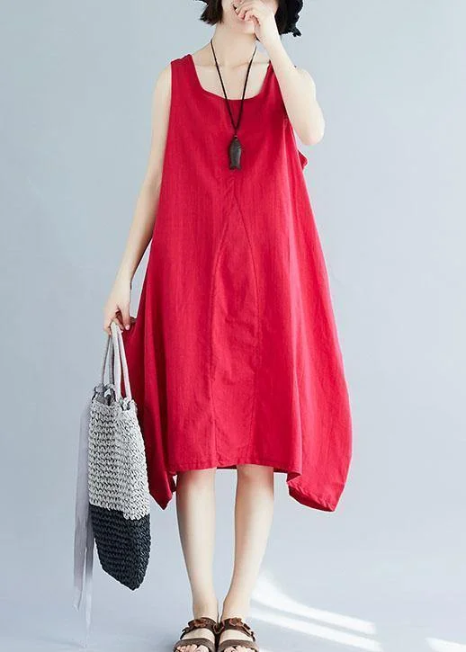 Sleeveless Dress For PartyFrench red sleeveless linen clothes loose waist loose summer Dresses