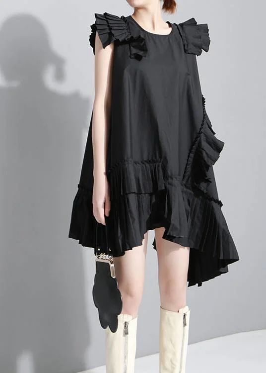 Sleeveless Dress FlaredWomen Summer Solid Black Sleeveless Pleated Ruffles Ladies Dress