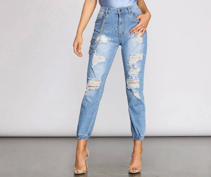 women's satin pantsHigh Rise Destructed Chained Denim Joggers