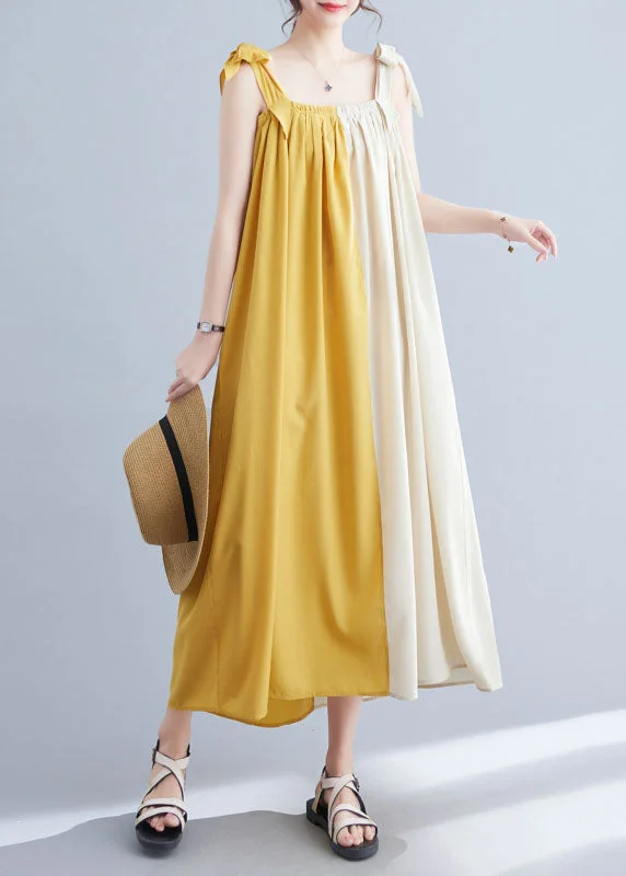 Sleeveless Dress BridesmaidBohemian Yellow Wrinkled Patchwork Cotton Summer Beach Dress Sleeveless