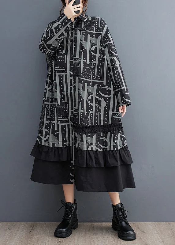 maxi dresses for destination weddingsOrganic Black Ruffled Print Cotton Long Dress Fall