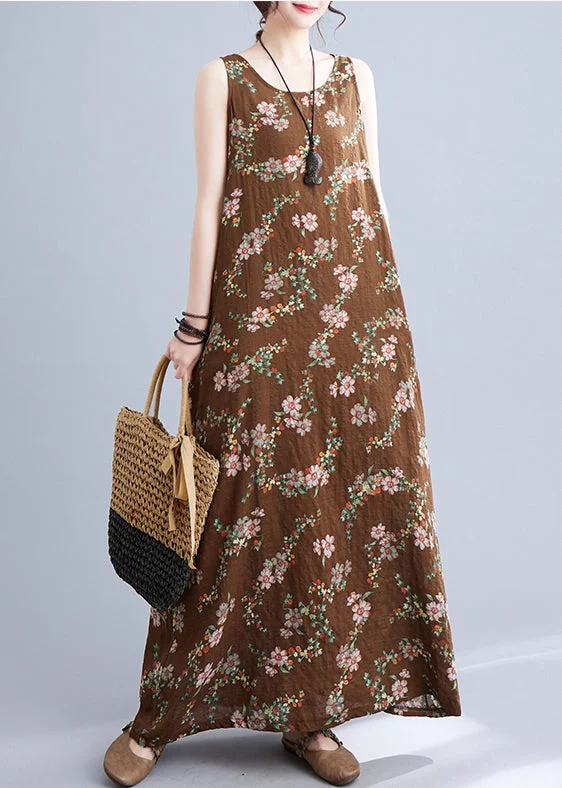 Sleeveless Dress With Button-Up BackElegant Coffee O-Neck Print Linen Beach Dresses Sleeveless