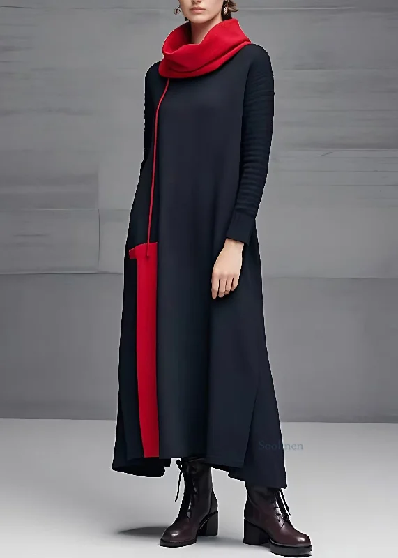 maxi dresses for casual FridaysCasual Black Turtleneck Long Dresses Long Sleeve