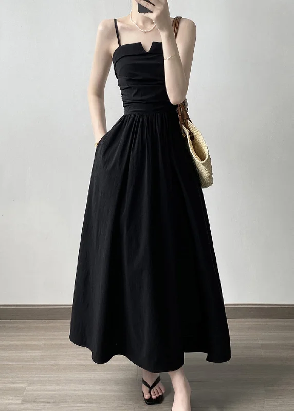 Sleeveless Dress With Backless DesignFashion Black Wrinkled Patchwork Cotton Spaghetti Strap Dress Sleeveless