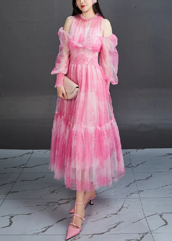 maxi dresses with off-the-shoulder necksStylish Pink Ruffled Print Elastic Waist Tulle Long Dresses Fall