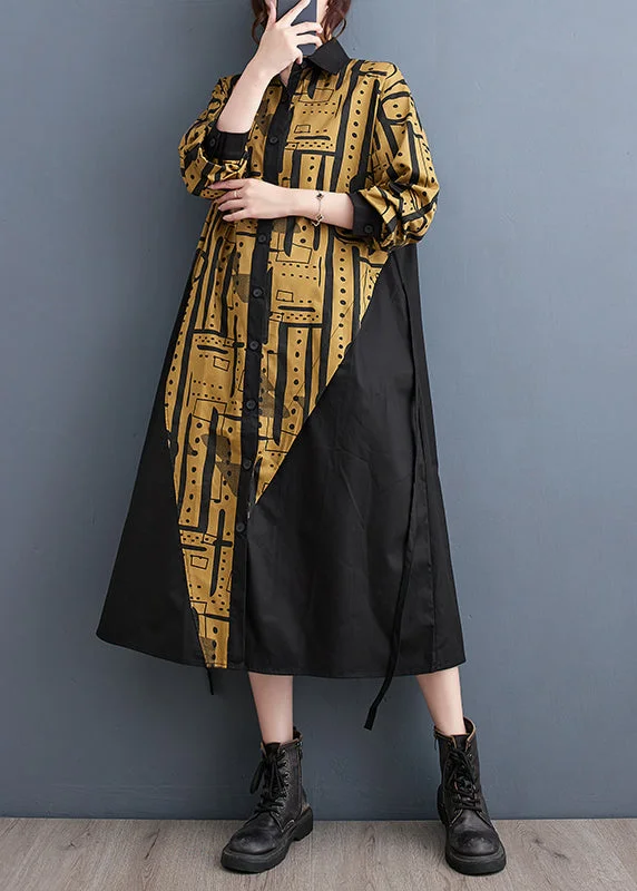 maxi dresses for black-tie eventsYellow Patchwork Cotton Long Dresses Asymmetrical Fall