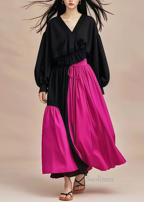 maxi dresses for black-tie eventsBlack Patchwork Cotton Long Dress V Neck Cinched Spring