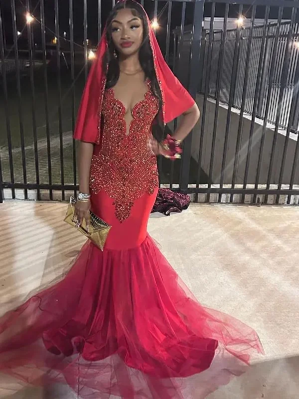 ready-to-wear party dressesLuxury Red Sequin Mermaid Prom Dresses Beaded Crystals Black Girl Evening Gowns Ruffles Formal Party Dress