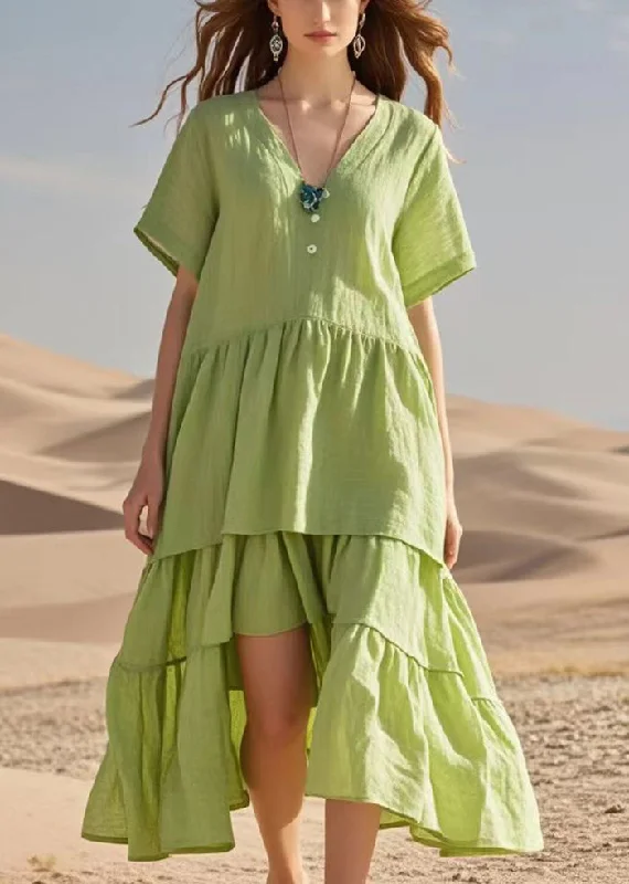 maxi dresses for officeNatural Fruit Green V Neck Patchwork Cotton Long Dress Summer