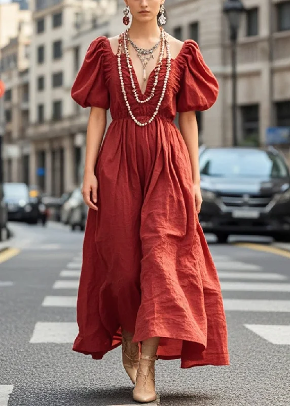 elegant maxi dressesUnique Dull Red Wrinkled Exra Large Hem Cotton Long Dress Summer