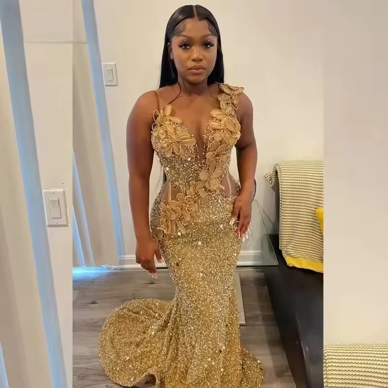 affordable party dressesCustomized 2025 Gold Long Mermaid Prom Dress For Black Girls Crystal Evening Party Dress Formal Sleeveless vestidos de gala