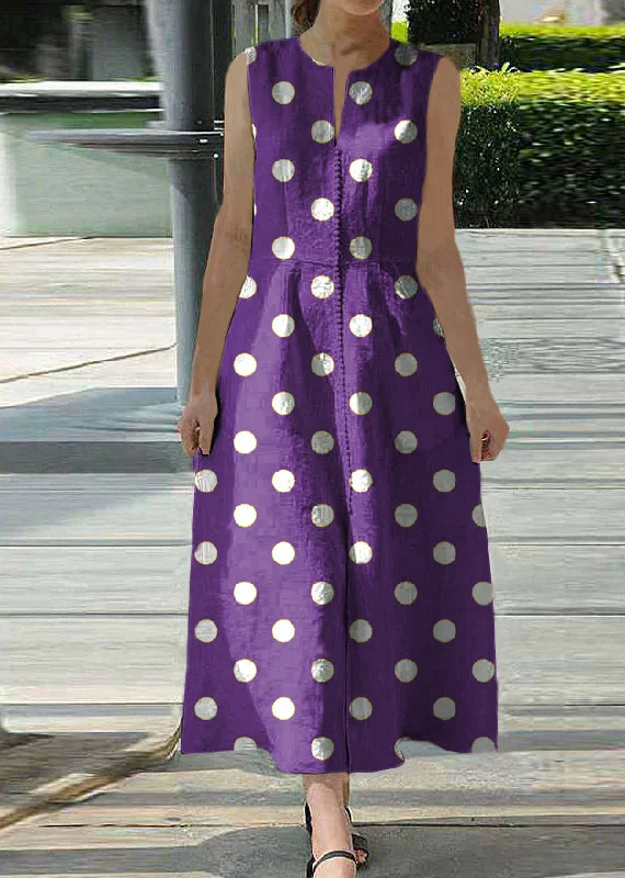 Sleeveless Dress With ChecksWomen Solid Purple polka dots Sleeveless V-Neck Back Zipper Pocket Dress