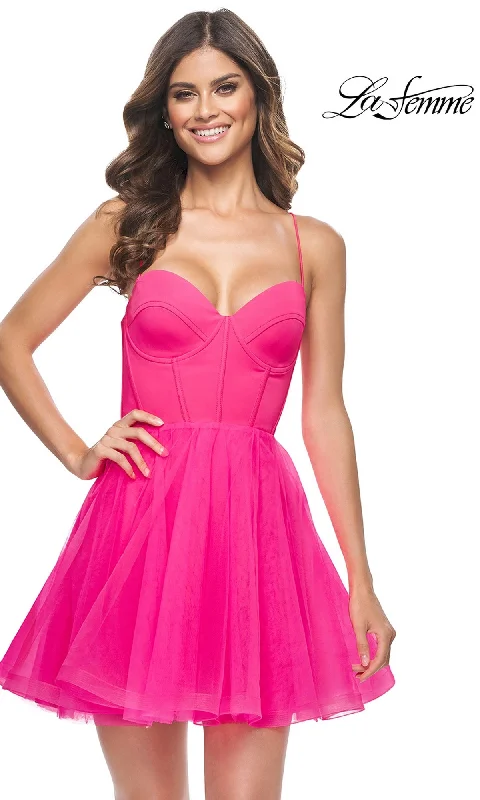 sequined party dressesHot Pink Short La Femme Homecoming Dress 31468