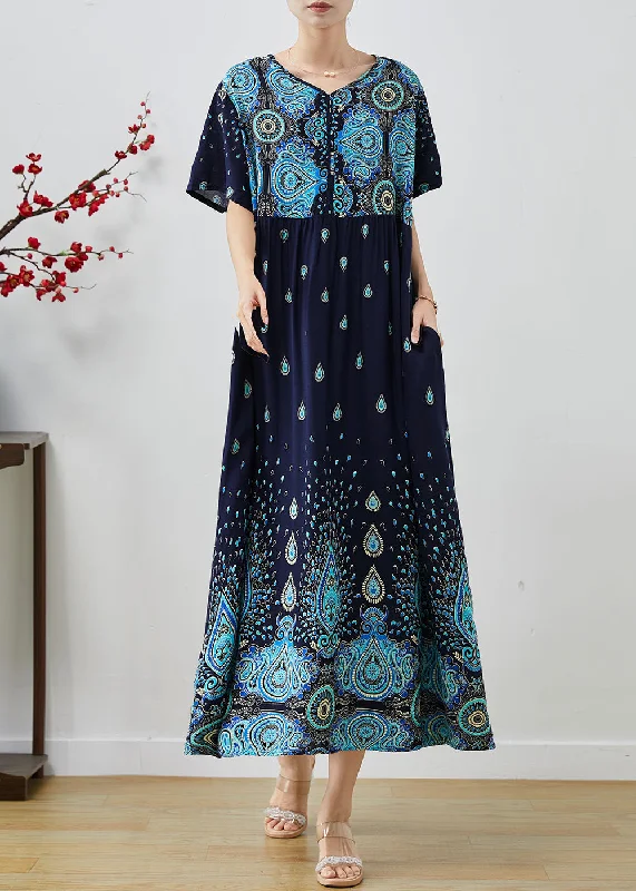 maxi dresses for bridesmaidsUnique Navy Oversized Print Cotton Long Dresses Summer