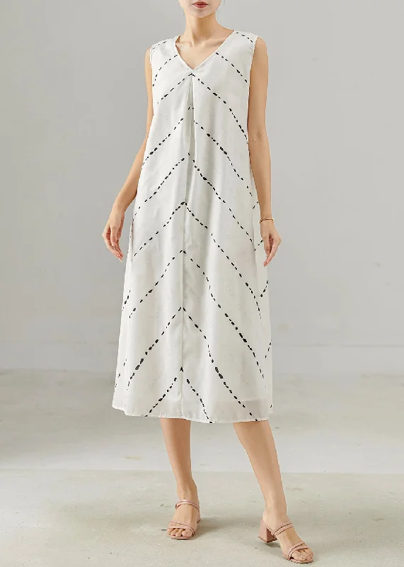 Sleeveless Dress With Balloon Sleeves (detachable)French White V Neck Striped Chiffon Dresses Sleeveless