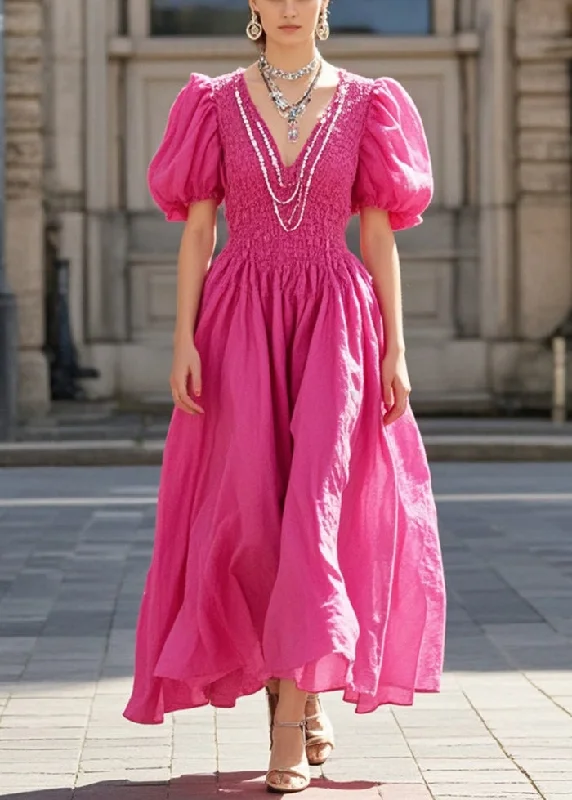 maxi dresses for curvesSilm Fit Rose Puff Sleeve Wrinkled Cotton Long Dress