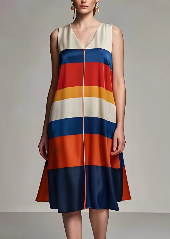 Sleeveless Dress With Zip-Up BackPlus Size Colorblock V Neck Striped Silk Dresses Sleeveless