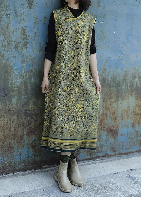 Sleeveless Dress For WomenCozy yellow green Dress weather Beautiful Chinese Button Art sleeveless dresses