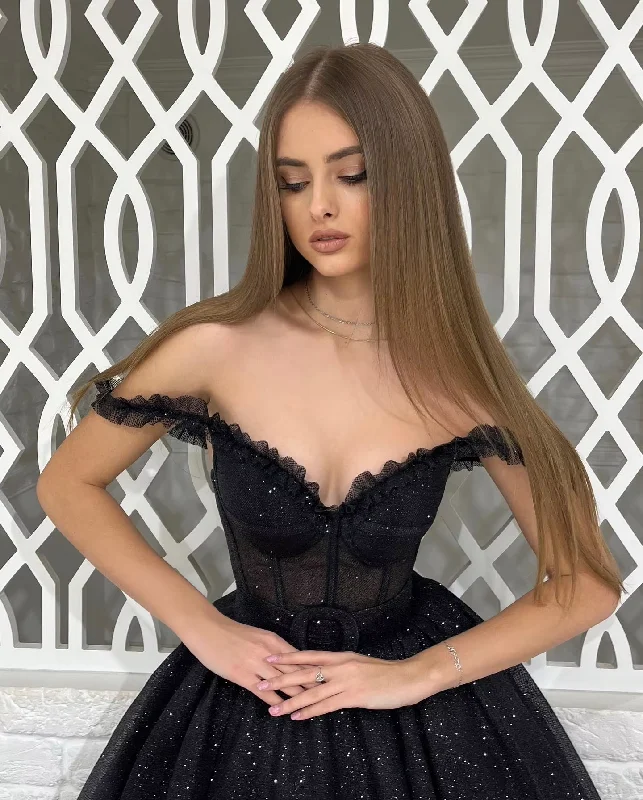 affordable luxury party dressesStuning Off The Shoulder Black Sweethert Tea Length Prom Dresses Custom Formal Party Grown Evening Dresses