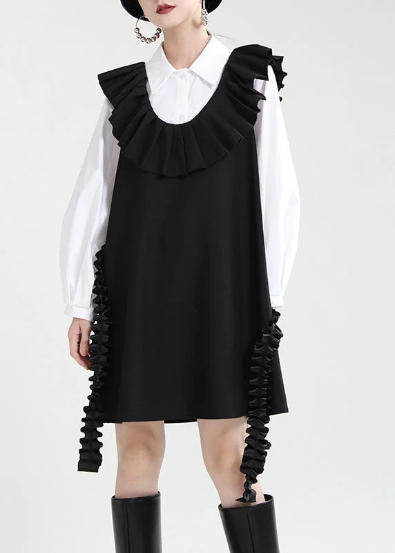 Sleeveless Dress In PolyesterElegant Black U Neck Patchwork Ruffles Fall Dress Sleeveless