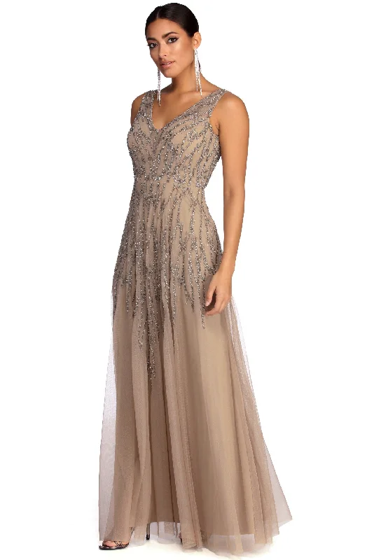 Sleeveless Dress With PearlsGia Formal Sleeveless Beaded Dress