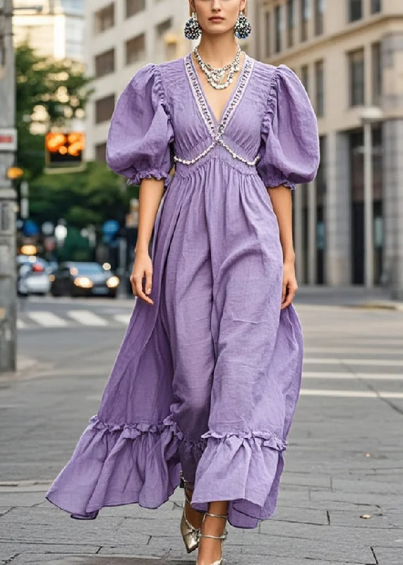 satin maxi dressesNatural Purple Puff Sleeve Nail Bead Cotton Long Dress