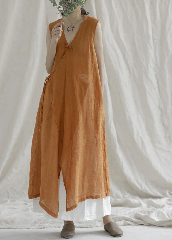 Sleeveless Dress In SilkOrange tie waist Linen Holiday Dress Asymmetrical Sleeveless