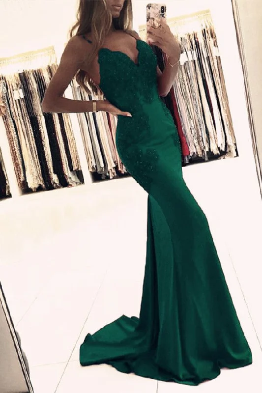 plus-size party dressesMermaid green sleeveless v-neck spaghetti-straps applique beaded evening dress Y1188