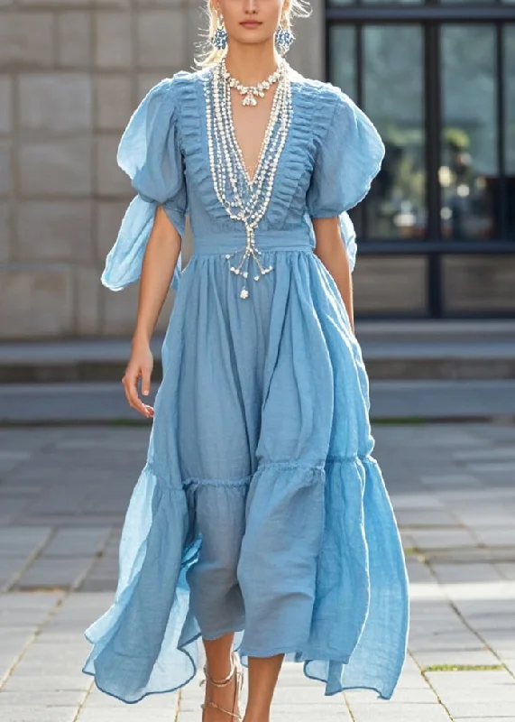 maxi dresses for weddingsChic Sky Blue Puff Sleeve Nail Bead Cotton Long Dress