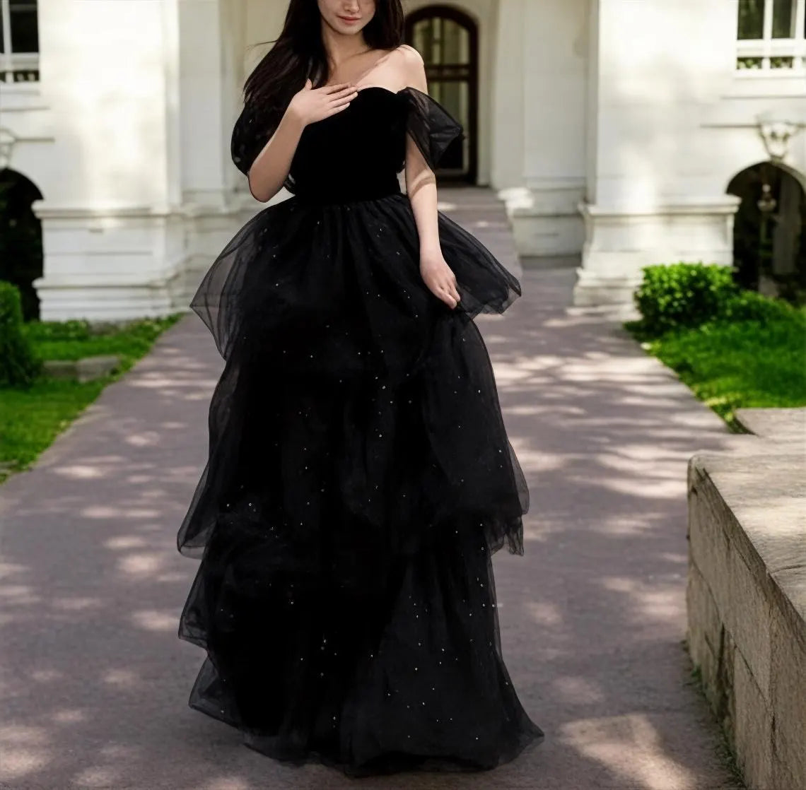 silk party dressesBlack Glitter Tulle Puffy Prom Dress, Off Shoulder Evening Prom Dress, Wedding Dress, Princess Dress, School Party Dress, Bridal Dress