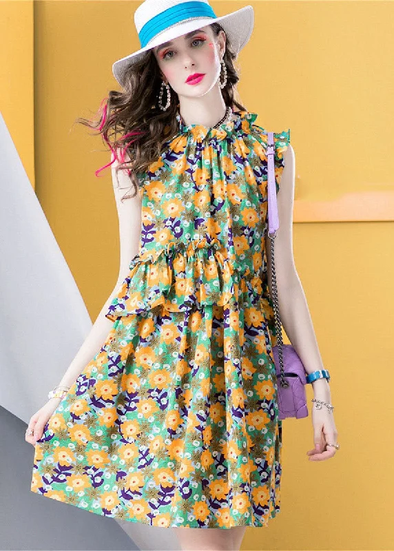 Sleeveless Dress With PatternsModern Yellow Ruffled Print Patchwork Cotton Dress Sleeveless