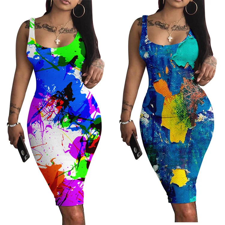 Sleeveless Dress In JerseyZ94973 Summer dress U Neck Sleeveless Casual Art splash print dresses women 2022