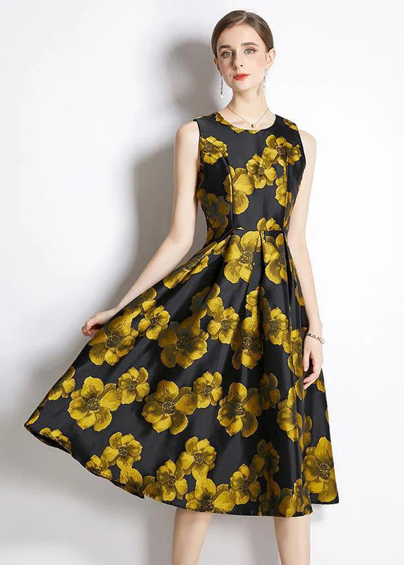 Sleeveless Dress With Sweetheart NecklineChic Yellow O-Neck Print Silk A Line Dress Sleeveless