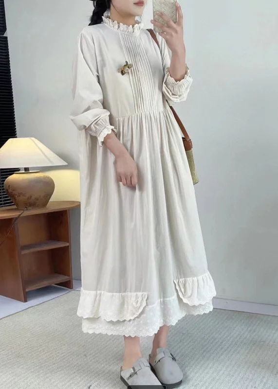 solid color maxi dressesChic Apricot Stand Collar Ruffled Patchwork Wrinkled Long Dress Long Sleeve